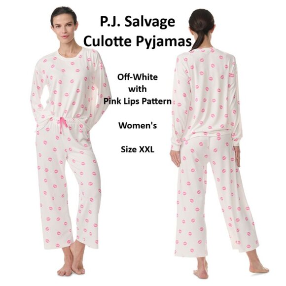 P.J. Salvage 2 Pc Culotte Pyjamas Off-White Pink Lips Buttery Soft Women's XXL - Picture 1 of 15